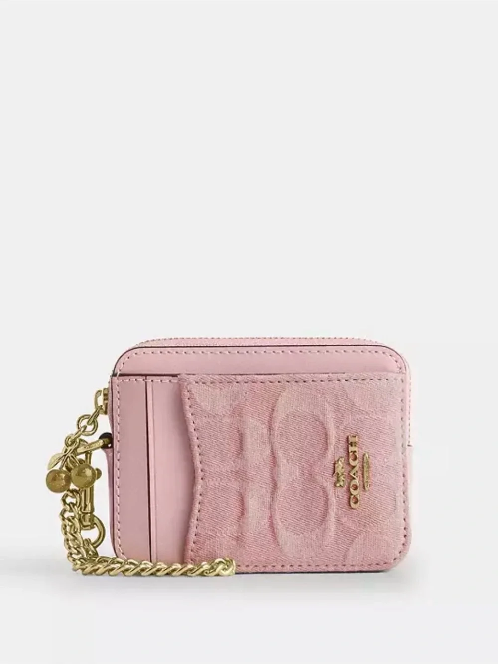 Coach Zip Card Case In Signature pink Denim With Charm